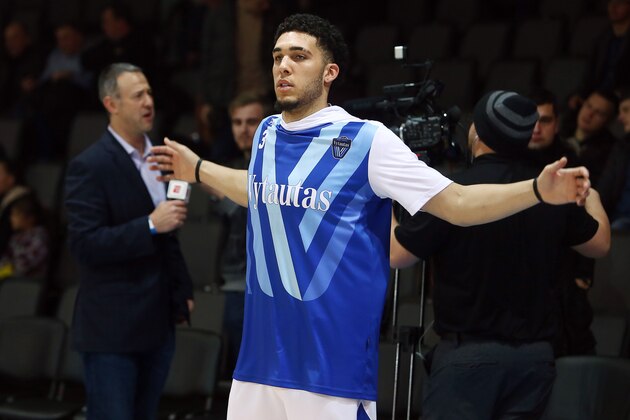 PRIENAI, LITHUANIA - JANUARY 09:  LiAngelo Ball of Vytautas Prienai prior to the match between Vytautas Prienai and Zalgiris Kauno on January 9, 2018 in Prienai, Lithuania.  (Photo by Alius Koroliovas/Getty Images)
