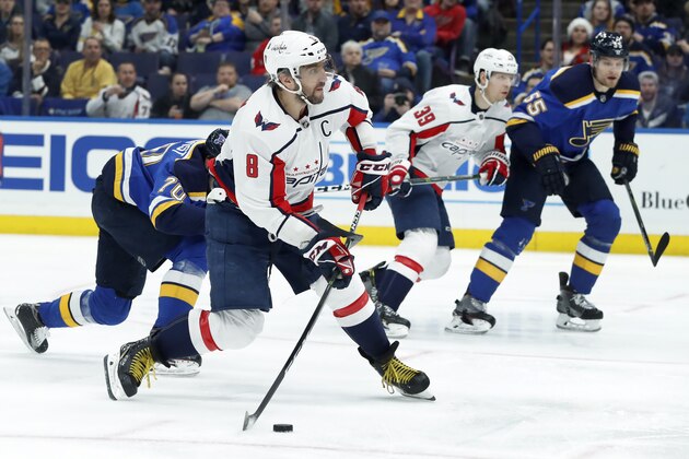 Washington Capitals' Alex Ovechkin (8) shoots during the first period of an NHL hockey game against the St. Louis Blues Monday, April 2, 2018, in St. Louis. (AP Photo/Jeff Roberson)