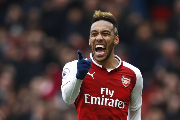 LONDON, ENGLAND - APRIL 08:  Pierre-Emerick Aubameyang of Arsenal celebrates scoring his sides first goal during the Premier League match between Arsenal and Southampton at Emirates Stadium on April 8, 2018 in London, England.  (Photo by Julian Finney/Getty Images)