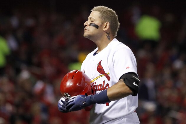 St. Louis Cardinals' Yadier Molina reacts after lining out to end the sixth inning of a baseball game against the Arizona Diamondbacks Thursday, April 5, 2018, in St. Louis. (AP Photo/Jeff Roberson) St. Louis Cardinals' Yadier Molina reacts after lining out to end the sixth inning of a baseball game against the Arizona Diamondbacks Thursday, April 5, 2018, in St. Louis. (AP Photo/Jeff Roberson)
