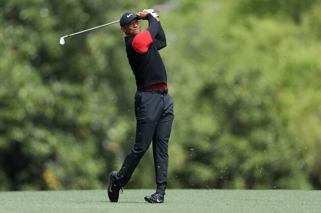 AUGUSTA, GA - APRIL 08:  Tiger Woods of the United States plays his second shot on the fifth hole during the final round of the 2018 Masters Tournament at Augusta National Golf Club on April 8, 2018 in Augusta, Georgia.  (Photo by David Cannon/Getty Images)