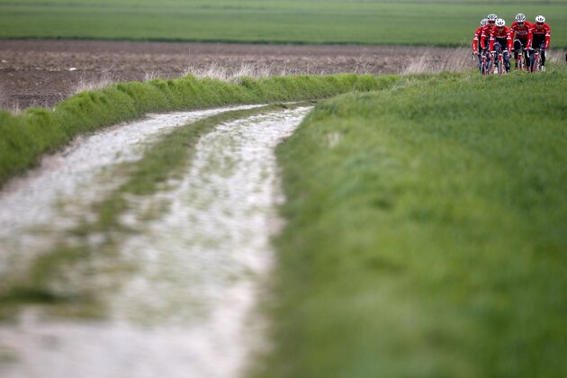 Trek team cyclists train ahead of Sunday's 115th edition of the Paris-Roubaix cycling classic, in Haveluy, northern France, Thursday, April 6, 2017. The Paris-Roubaix cycling classic is a 257.5 kilometer (160 mile) one day cycle race, with about 20 per cent of the distance run on cobblestones. (AP Photo/Michel Spingler) Trek team cyclists train ahead of Sunday's 115th edition of the Paris-Roubaix cycling classic, in Haveluy, northern France, Thursday, April 6, 2017. The Paris-Roubaix cycling classic is a 257.5 kilometer (160 mile) one day cycle race, with about 20 per cent of the distance run on cobblestones. (AP Photo/Michel Spingler)