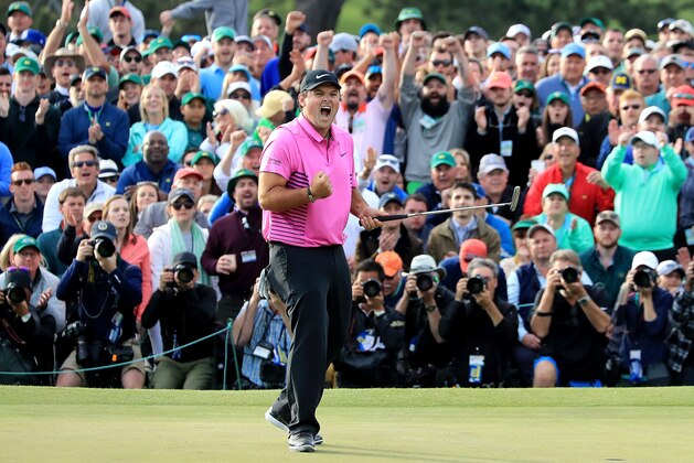 AUGUSTA, GA - APRIL 08:  Patrick Reed of the United States celebrates after making par 18th green during the final round to win the 2018 Masters Tournament at Augusta National Golf Club on April 8, 2018 in Augusta, Georgia.  (Photo by David Cannon/Getty Images)