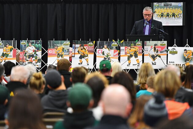 Kevin Garinger, President of the Humboldt Broncos, speaks during a vigil at the Elgar Petersen Arena, home of the Humboldt Broncos, to honour the victims of a fatal bus accident, April 8, 2018 in Humboldt, Canada.
Mourners in the tiny Canadian town of Humboldt, still struggling to make sense of a devastating tragedy, prepared Sunday for a prayer vigil to honor the victims of the truck-bus crash that killed 15 of their own and shook North American ice hockey.
 / AFP PHOTO / POOL / JONATHAN HAYWARD        (Photo credit should read JONATHAN HAYWARD/AFP/Getty Images)