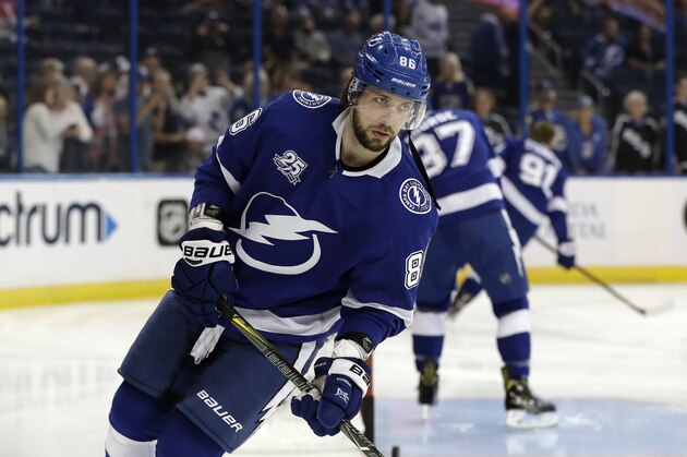 Tampa Bay Lightning right wing Nikita Kucherov (86) before an NHL hockey game against the Toronto Maple Leafs Tuesday, March 20, 2018, in Tampa, Fla. (AP Photo/Chris O'Meara)