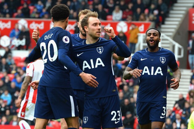 STOKE ON TRENT, ENGLAND - APRIL 07:  Christian Eriksen of Tottenham Hotspur (C) celebrates scoring their first goal during the Premier League match between Stoke City and Tottenham Hotspur at Bet365 Stadium on April 7, 2018 in Stoke on Trent, England.  (Photo by Tony Marshall/Getty Images)
