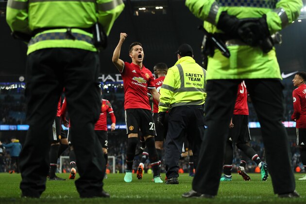 MANCHESTER, ENGLAND - APRIL 07:  Ander Herrera of Manchester United celebrates at the end of the Premier League match between Manchester City and Manchester United at Etihad Stadium on April 7, 2018 in Manchester, England. (Photo by Matthew Ashton - AMA/Getty Images)