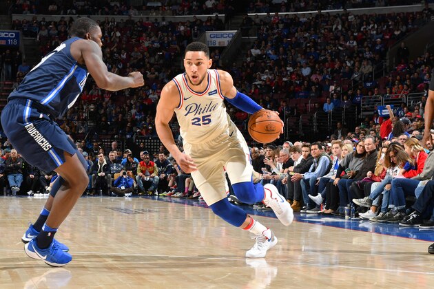 PHILADELPHIA, PA - APRIL 8: Ben Simmons #25 of the Philadelphia 76ers handles the ball against the Dallas Mavericks on April 8, 2018 at Wells Fargo Center in Philadelphia, Pennsylvania. NOTE TO USER: User expressly acknowledges and agrees that, by downloading and/or using this photograph, user is consenting to the terms and conditions of the Getty Images License Agreement. Mandatory Copyright Notice: Copyright 2018 NBAE (Photo by Jesse D. Garrabrant/NBAE via Getty Images)