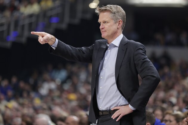 Golden State Warriors coach Steve Kerr calls a play for his team as the Warriors played the Indiana Pacers during the first half of an NBA basketball game in Indianapolis, Thursday, April 5, 2018. (AP Photo/Michael Conroy)