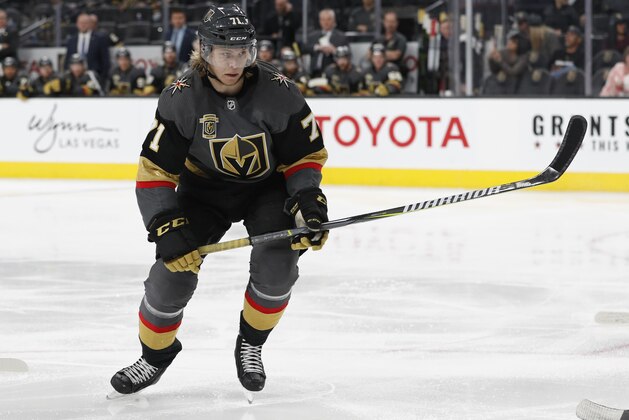 Vegas Golden Knights center William Karlsson (71) plays against the St. Louis Blues during an NHL hockey game, Friday, March 30, 2018, in Las Vegas. (AP Photo/John Locher)
