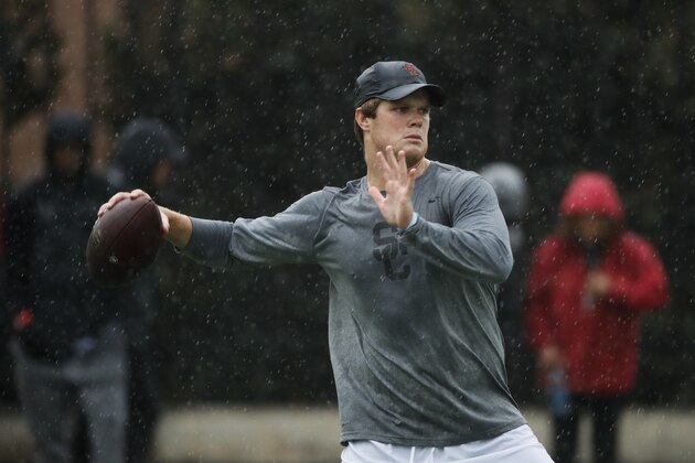 Southern California quarterback Sam Darnold throws a pass during USC Pro Day, Wednesday, March 21, 2018, in Los Angeles. The Pro Day is intended to showcase talent to NFL scouts for the upcoming draft. (AP Photo/Jae C. Hong)