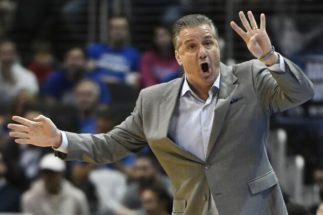 Kentucky head coach John Calipari speaks during the first half of a regional semifinal NCAA college basketball game against Kansas State, Thursday, March 22, 2018, in Atlanta. (AP Photo/John Amis)