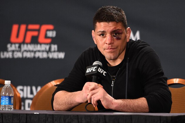 LAS VEGAS, NV - JANUARY 31:  Nick Diaz interacts with the media during the UFC 183 post fight press conference at the MGM Grand Garden Arena on January 31, 2015 in Las Vegas, Nevada. (Photo by Jeff Bottari/Zuffa LLC/Zuffa LLC via Getty Images)