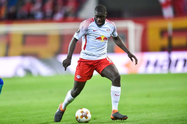 LEIPZIG, GERMANY - APRIL 05: Dayot Upamecano of RB Leipzig during the UEFA Europa League quarter final leg one match between RB Leipzig and Olympique Marseille at Red Bull Arena on April 5, 2018 in Leipzig, Germany. (Photo by Lukasz Laskowski/PressFocus/MB Media/Getty Images)