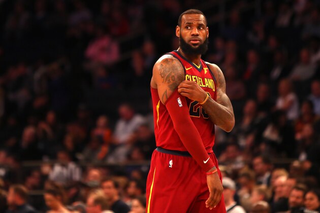 NEW YORK, NY - APRIL 09:  LeBron James #23 of the Cleveland Cavaliers reacts in the second half against the New York Knicks at Madison Square Garden on April 9, 2018 in New York City. NOTE TO USER: User expressly acknowledges and agrees that, by downloading and or using this photograph, User is consenting to the terms and conditions of the Getty Images License Agreement.  (Photo by Mike Lawrie/Getty Images)