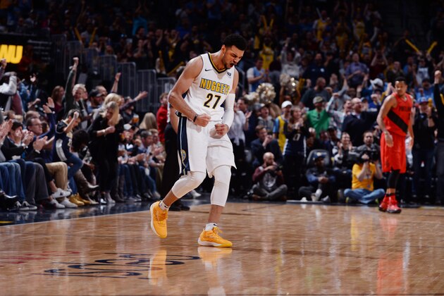 DENVER, CO - APRIL 9: Jamal Murray #27 of the Denver Nuggets reacts during the game against the Portland Trail Blazers on April 9, 2018 at the Pepsi Center in Denver, Colorado. NOTE TO USER: User expressly acknowledges and agrees that, by downloading and/or using this Photograph, user is consenting to the terms and conditions of the Getty Images License Agreement. Mandatory Copyright Notice: Copyright 2018 NBAE (Photo by Bart Young/NBAE via Getty Images)