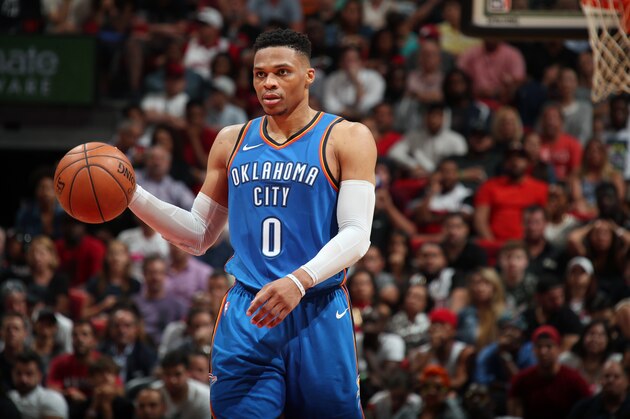 MIAMI, FL - APRIL 9:  Russell Westbrook #0 of the Oklahoma City Thunder handles the ball against the Miami Heat on April 9, 2018 at American Airlines Arena in Miami, Florida. NOTE TO USER: User expressly acknowledges and agrees that, by downloading and or using this Photograph, user is consenting to the terms and conditions of the Getty Images License Agreement. Mandatory Copyright Notice: Copyright 2018 NBAE (Photo by Issac Baldizon/NBAE via Getty Images)