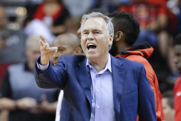 Houston Rockets head coach Mike D'Antoni during the first half of an NBA basketball game against the Portland Trail Blazers Thursday, April 5, 2018, in Houston. (AP Photo/Michael Wyke)
