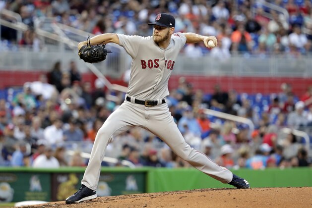 Boston Red Sox starting pitcher Chris Sale throws during a baseball game against the Miami Marlins, Tuesday, April 3, 2018, in Miami. (AP Photo/Lynne Sladky)
