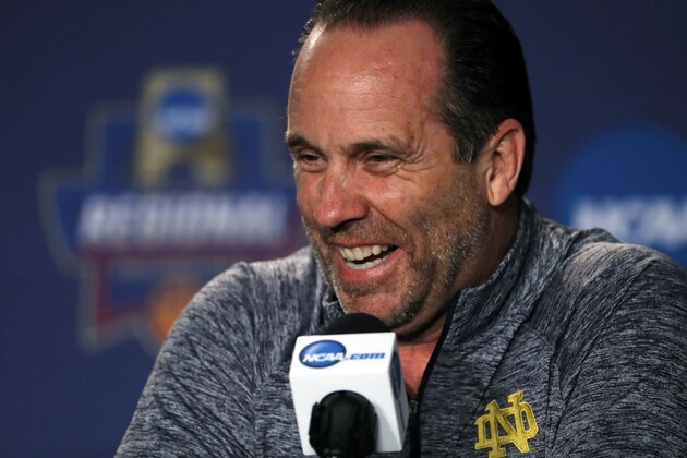 Notre Dame head coach Mike Brey laughs during a college basketball news conference, Saturday, March 26, 2016, in Philadelphia. Notre Dame will play North Carolina on Sunday in the regional finals of the men's NCAA Tournament. (AP Photo/Matt Rourke)