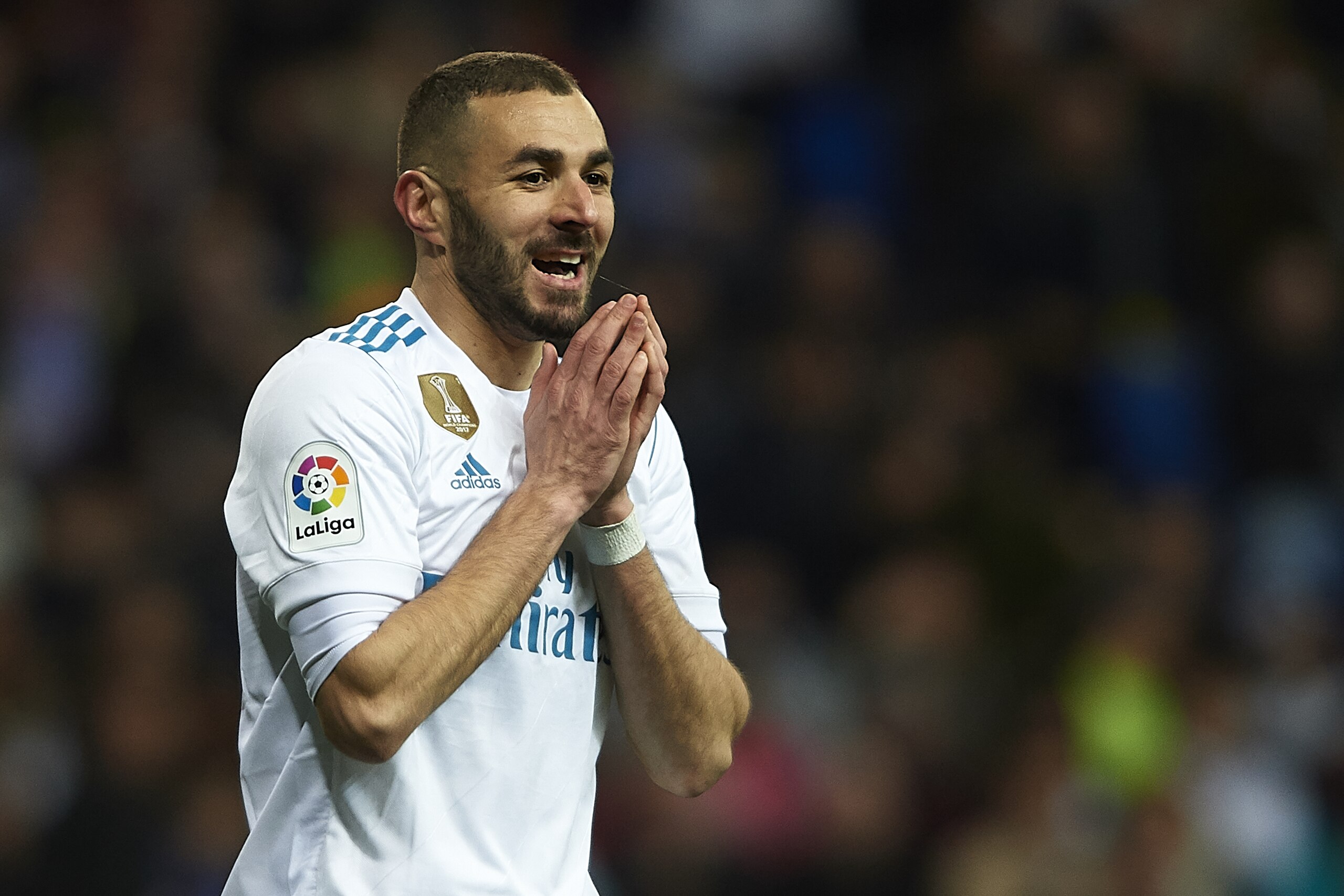 MADRID, SPAIN - MARCH 18:  Karim Benzema of Real Madrid reacts during the La Liga match between Real Madrid and Girona at Estadio Santiago Bernabeu on March 18, 2018 in Madrid, Spain. (Photo by Quality Sport Images/Getty Images)