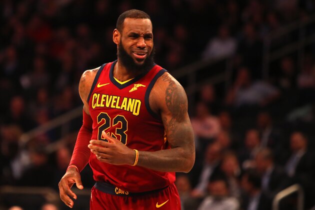 NEW YORK, NY - APRIL 09:  LeBron James #23 of the Cleveland Cavaliers reacts in the second half against the New York Knicks at Madison Square Garden on April 9, 2018 in New York City. NOTE TO USER: User expressly acknowledges and agrees that, by downloading and or using this photograph, User is consenting to the terms and conditions of the Getty Images License Agreement.  (Photo by Mike Lawrie/Getty Images)