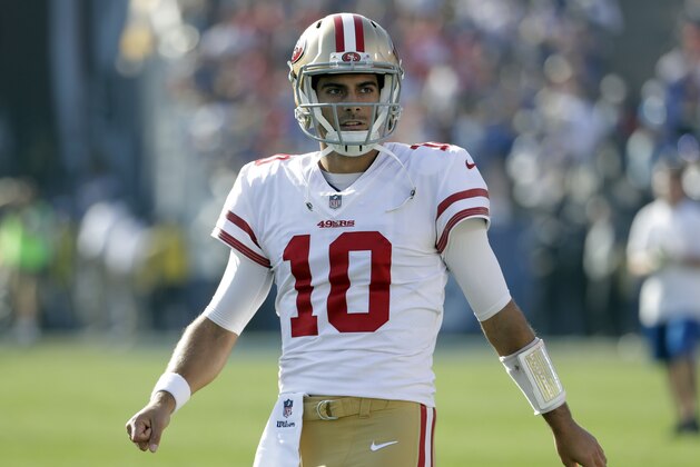 San Francisco 49ers quarterback Jimmy Garoppolo against the Los Angeles Rams during the first half of an NFL football game Sunday, Dec. 31, 2017, in Los Angeles. (AP Photo/Rick Scuteri) San Francisco 49ers quarterback Jimmy Garoppolo against the Los Angeles Rams during the first half of an NFL football game Sunday, Dec. 31, 2017, in Los Angeles. (AP Photo/Rick Scuteri)