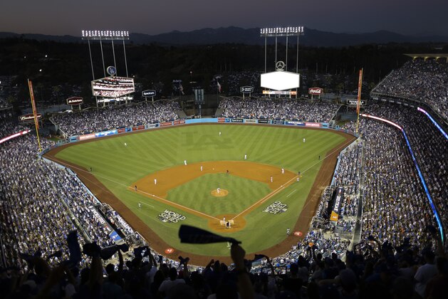 Dodgers Stadium is seen during the fourth inning of Game 2 of baseball's World Series between the Houston Astros and the Los Angeles Dodgers Wednesday, Oct. 25, 2017, in Los Angeles. (AP Photo/Tim Donnelly)