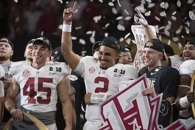 ATLANTA, GA - JANUARY 08: Jalen Hurts #2 of the Alabama Crimson Tide celebrates after defeating the Georgia Bulldogs during the College Football Playoff National Championship held at Mercedes-Benz Stadium on January 8, 2018 in Atlanta, Georgia. Alabama defeated Georgia 26-23 for the national title. (Photo by Jamie Schwaberow/Getty Images)