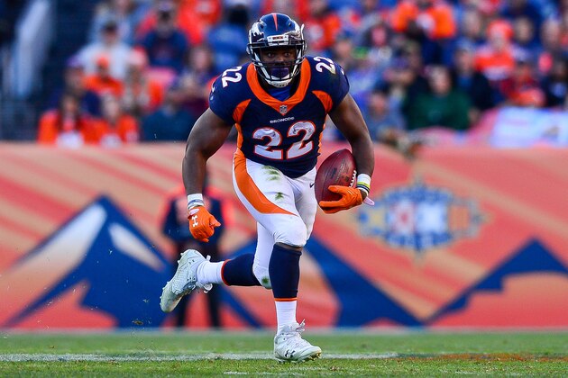 DENVER, CO - DECEMBER 10:  Running back C.J. Anderson #22 of the Denver Broncos rushes against the New York Jets at Sports Authority Field at Mile High on December 10, 2017 in Denver, Colorado. (Photo by Dustin Bradford/Getty Images)