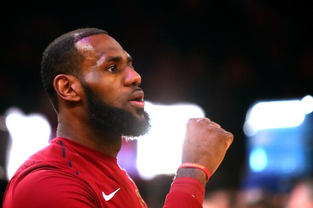 NEW YORK, NY - APRIL 09:  LeBron James #23 of the Cleveland Cavaliers looks on during warm ups before the game against the New York Knicks at Madison Square Garden on April 9, 2018 in New York City. NOTE TO USER: User expressly acknowledges and agrees that, by downloading and or using this photograph, User is consenting to the terms and conditions of the Getty Images License Agreement.  (Photo by Mike Lawrie/Getty Images)