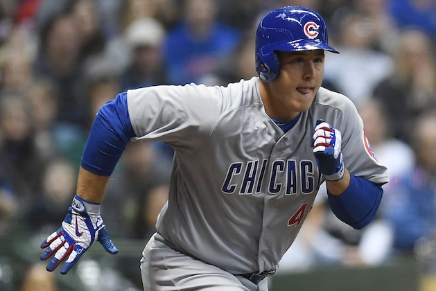 MILWAUKEE, WI - APRIL 05:  Anthony Rizzo #44 of the Chicago Cubs runs to first base during a game against the Milwaukee Brewers at Miller Park on April 5, 2018 in Milwaukee, Wisconsin.  The Cubs defeated the Brewers 8-0.  (Photo by Stacy Revere/Getty Images)