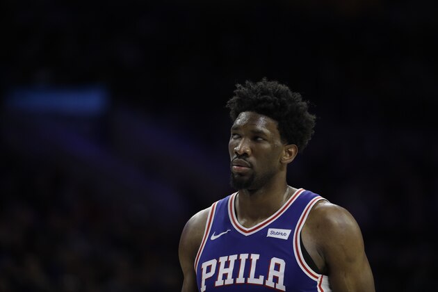 Philadelphia 76ers' Joel Embiid in action during an NBA basketball game against the Denver Nuggets, Monday, March 26, 2018, in Philadelphia. (AP Photo/Matt Slocum)