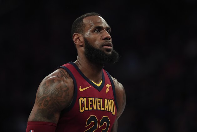 Cleveland Cavaliers forward LeBron James (23) pauses before shooting a free throw against the New York Knicks during an NBA basketball game, Monday, April 9, 2018, in New York. (AP Photo/Julie Jacobson)