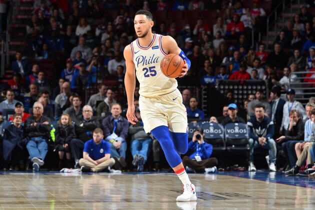 PHILADELPHIA, PA - APRIL 8: Ben Simmons #25 of the Philadelphia 76ers handles the ball against the Dallas Mavericks on April 8, 2018 at Wells Fargo Center in Philadelphia, Pennsylvania. NOTE TO USER: User expressly acknowledges and agrees that, by downloading and/or using this photograph, user is consenting to the terms and conditions of the Getty Images License Agreement. Mandatory Copyright Notice: Copyright 2018 NBAE (Photo by Jesse D. Garrabrant/NBAE via Getty Images)