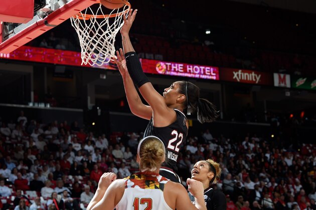 COLLEGE PARK, MD - NOVEMBER 13:  A'ja Wilson #22 of the South Carolina Gamecocks drives to the hoop against the Maryland Terrapins at Xfinity Center on November 13, 2017 in College Park, Maryland.  (Photo by G Fiume/Maryland Terrapins/Getty Images)