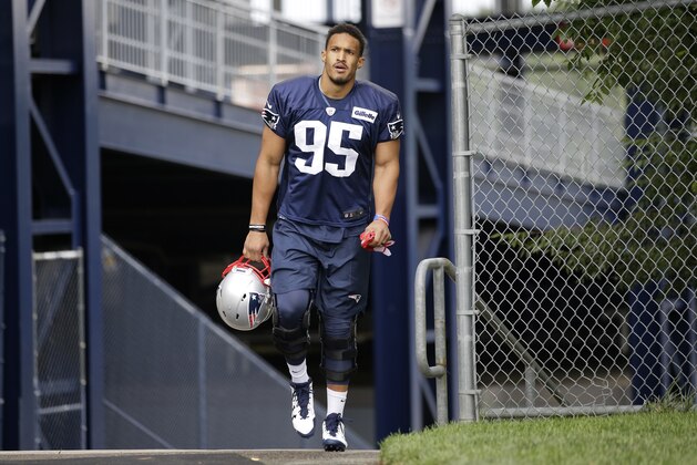 New England Patriots defensive end Derek Rivers (95) steps on the field at NFL football training camp, Thursday, July 27, 2017, in Foxborough, Mass. (AP Photo/Steven Senne)