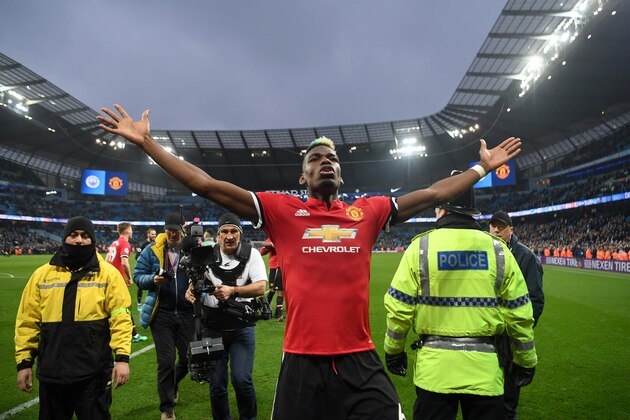 MANCHESTER, ENGLAND - APRIL 07:  Paul Pogba of Manchester United celebrates victory after the Premier League match between Manchester City and Manchester United at Etihad Stadium on April 7, 2018 in Manchester, England.  (Photo by Michael Regan/Getty Images)