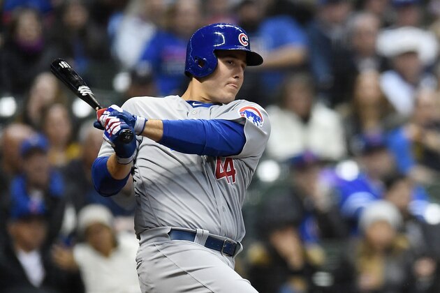 MILWAUKEE, WI - APRIL 05:  Anthony Rizzo #44 of the Chicago Cubs at bat during a game against the Milwaukee Brewers at Miller Park on April 5, 2018 in Milwaukee, Wisconsin.  The Cubs defeated the Brewers 8-0.  (Photo by Stacy Revere/Getty Images)