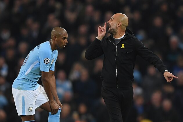 MANCHESTER, ENGLAND - APRIL 10:  manchester City coach Josep Guardiola reacts at the half time whistle during the UEFA Champions League Quarter Final Second Leg match between Manchester City and Liverpool at Etihad Stadium on April 10, 2018 in Manchester, England.  (Photo by Shaun Botterill/Getty Images,)