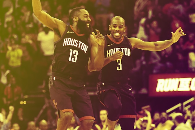 Houston Rockets guard Chris Paul looks on during the second half of an NBA basketball game against the Dallas Mavericks, Sunday, Feb. 11, 2018, in Houston. Houston won 104-97. (AP Photo/Eric Christian Smith)