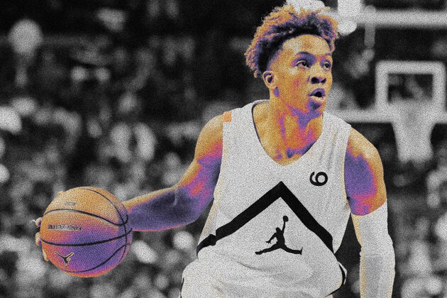 The White Team's Romeo Langford #9 in action against the Black Team during the Jordan Brand Classic high school basketball game, Sunday, April 8, 2018, in Brooklyn. The White Team won the game. (AP Photo/Gregory Payan)