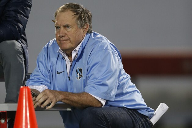 New England Patriot head coach Bill Belichick watches players run drills during Ohio State's NFL Pro Day Thursday, March 22, 2018, in Columbus, Ohio. (AP Photo/Jay LaPrete)