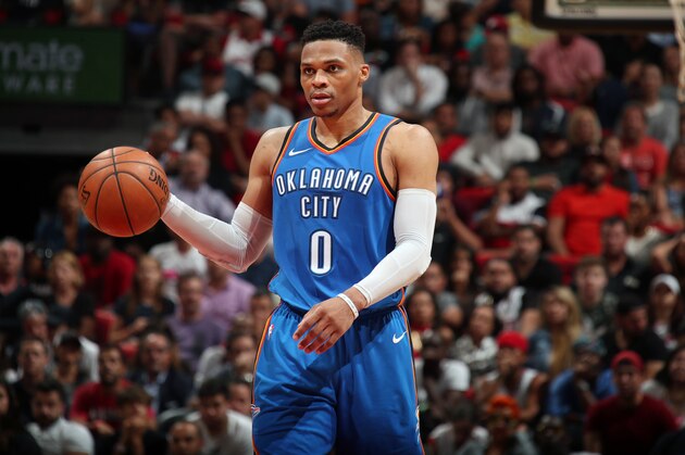 MIAMI, FL - APRIL 9:  Russell Westbrook #0 of the Oklahoma City Thunder handles the ball against the Miami Heat on April 9, 2018 at American Airlines Arena in Miami, Florida. NOTE TO USER: User expressly acknowledges and agrees that, by downloading and or using this Photograph, user is consenting to the terms and conditions of the Getty Images License Agreement. Mandatory Copyright Notice: Copyright 2018 NBAE (Photo by Issac Baldizon/NBAE via Getty Images)