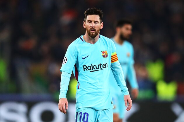 ROME, ITALY - APRIL 10: Lionel Messi of FC Barcelona reacts during the UEFA Champions League Quarter Final, second leg match between AS Roma and FC Barcelona at Stadio Olimpico on April 10, 2018 in Rome, Italy. (Photo by Chris Brunskill Ltd/Getty Images)