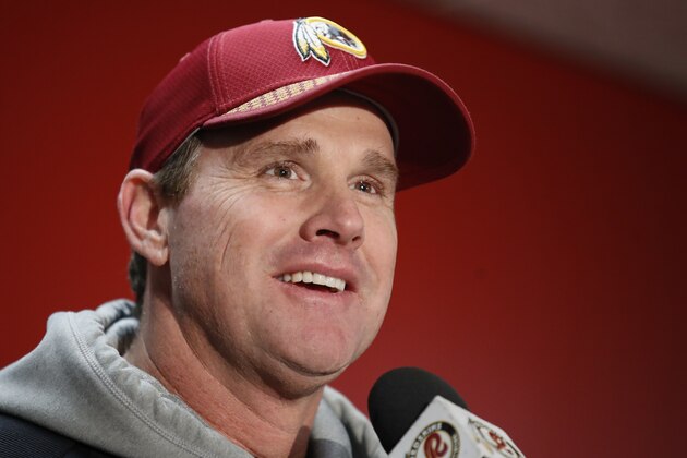 Washington Redskins head coach Jay Gruden answers questions during a post game press conference after an NFL football game against the Denver Broncos in Landover, Md., Sunday, Dec 24, 2017. The Redskins defeated the Broncos 27-11. (AP Photo/Alex Brandon)
