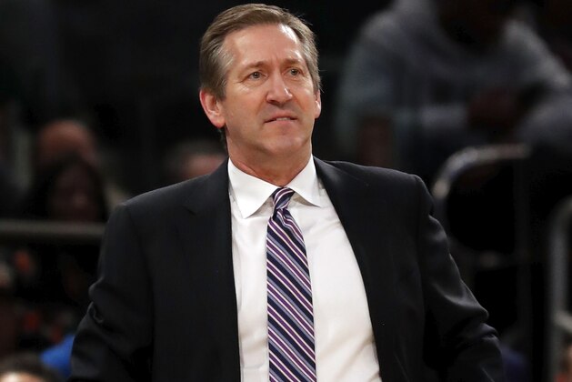 NEW YORK, NY - APRIL 6:  Head coach Jeff Hornacek of the New York Knicks reacts in an NBA basketball game against the Miami Heat on April 6, 2018 at Madison Square Garden in New York City. Knicks won 122-98. NOTE TO USER: User expressly acknowledges and agrees that, by downloading and/or using this Photograph, user is consenting to the terms and conditions of the Getty License agreement. Mandatory Copyright Notice (Photo by Paul Bereswill/Getty Images)