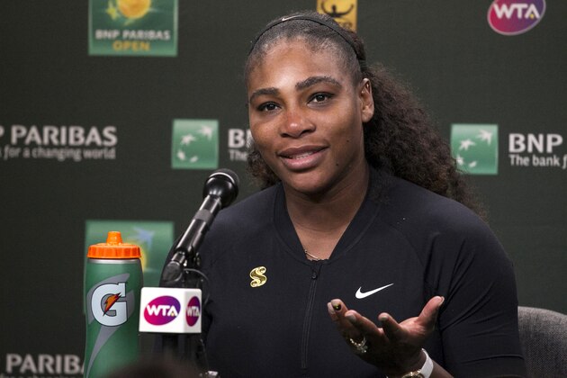 Serena Williams talks to media after defeating Zarina Diyas of Kazakhstan during the first round of the BNP Paribas Open tennis tournament at the Indian Wells Tennis Garden in Indian Wells, Calif., Thursday, March 8, 2018. (AP Photo/Crystal Chatham)