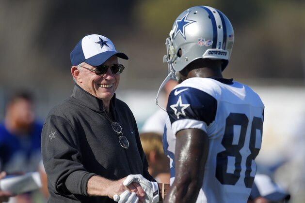 Dallas Cowboys owner Jerry Jones, left, talks with wide receiver Dez Bryant during a joint NFL football training camp with the St. Louis Rams, Tuesday, Aug. 18, 2015, in Oxnard, Calif. (AP Photo/Mark J. Terrill)
