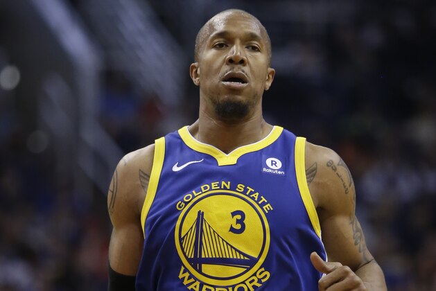 Golden State Warriors forward David West (3) in the second half during an NBA basketball game against the Phoenix Suns, Sunday, April 8, 2018, in Phoenix. The Warriors defeated the Suns 117-100. (AP Photo/Rick Scuteri)